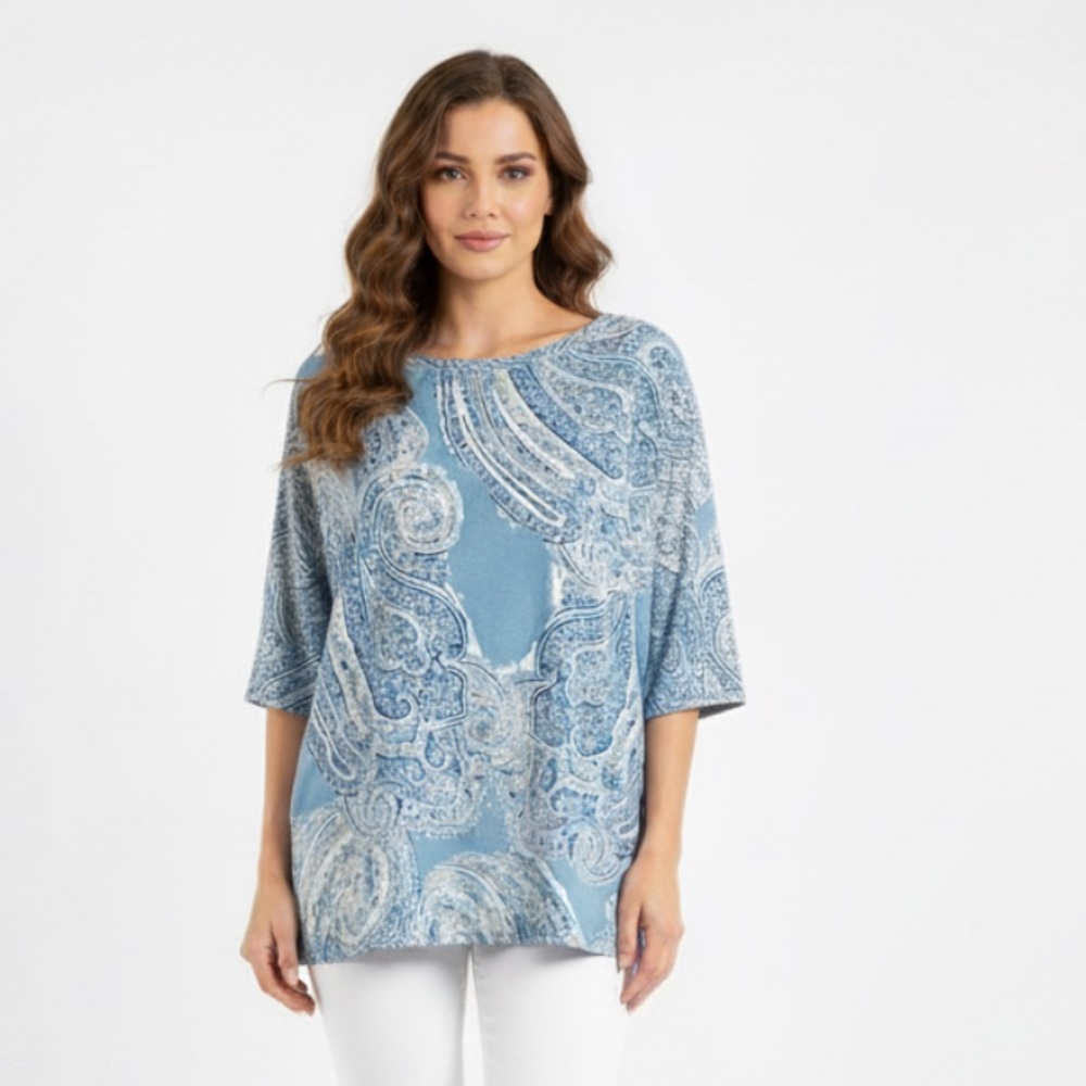Cato Cold Shoulder Blue Paisley Design Cropped Blouse Size Small